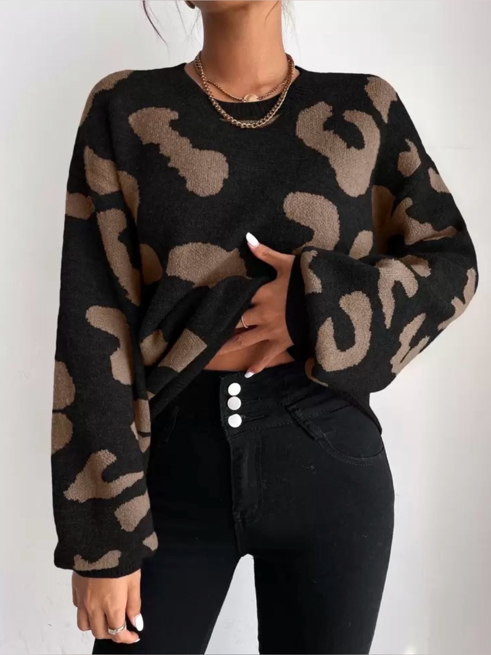 Black & Brown Leopard Print crewneck Sweater